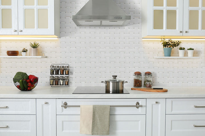 Bringing focus to the sophisticated look of WHITE AND GRAY MATTE BASKETWEAVE PORCELAIN MOSAIC with a MATTE finish, enhancing the minimalist design with its sleek appearance.