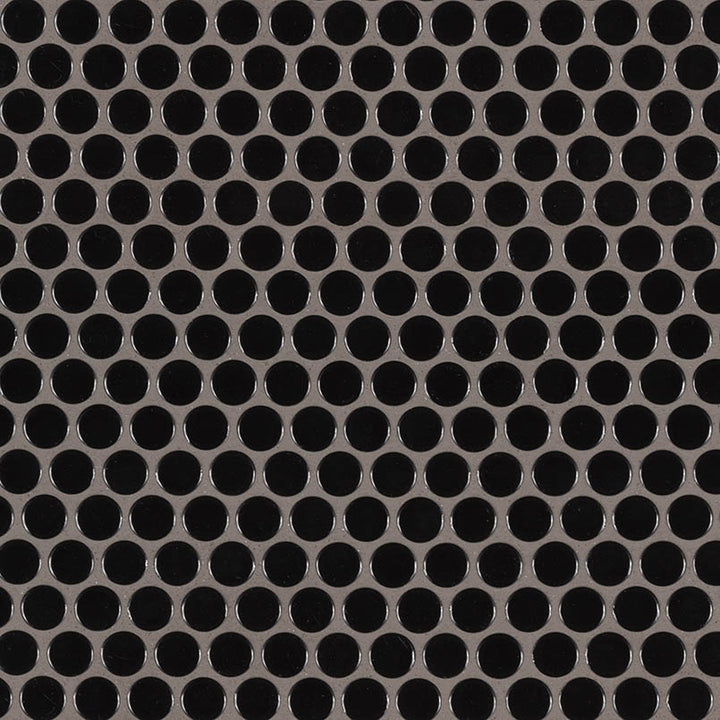Top-down view of NERO PENNY ROUND GLOSSY in PORCELAIN MOSAIC with a GLOSSY finish, revealing the subtle texture and color tones.