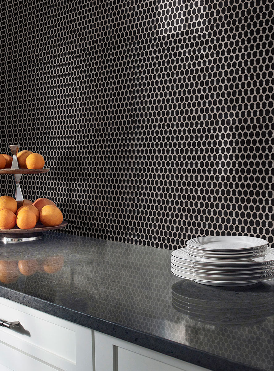 Bringing focus to the sophisticated look of NERO PENNY ROUND GLOSSY PORCELAIN MOSAIC with a GLOSSY finish, adding a touch of warmth and texture to the space.