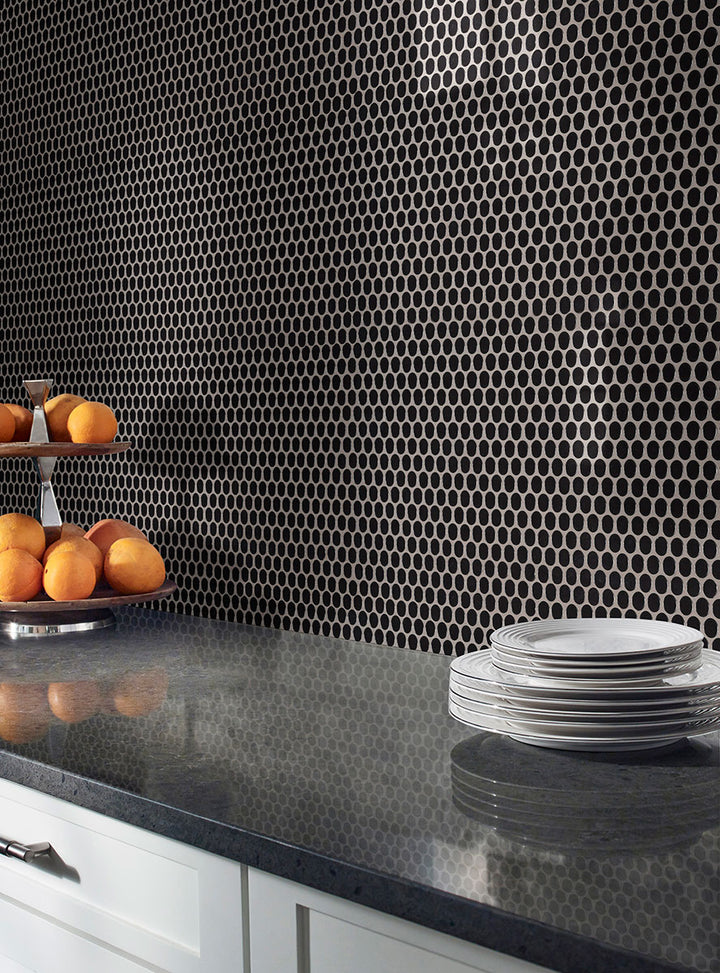 Bringing focus to the sophisticated look of NERO PENNY ROUND GLOSSY PORCELAIN MOSAIC with a GLOSSY finish, adding a touch of warmth and texture to the space.