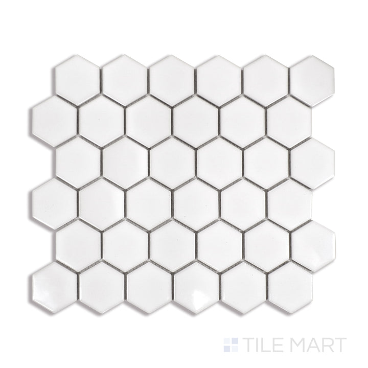 Angled shot of WHITE GLOSSY 2" HEX 6MM PORCELAIN MOSAIC with a GLOSSY finish, demonstrating the material's surface and texture with a diagonal shot.