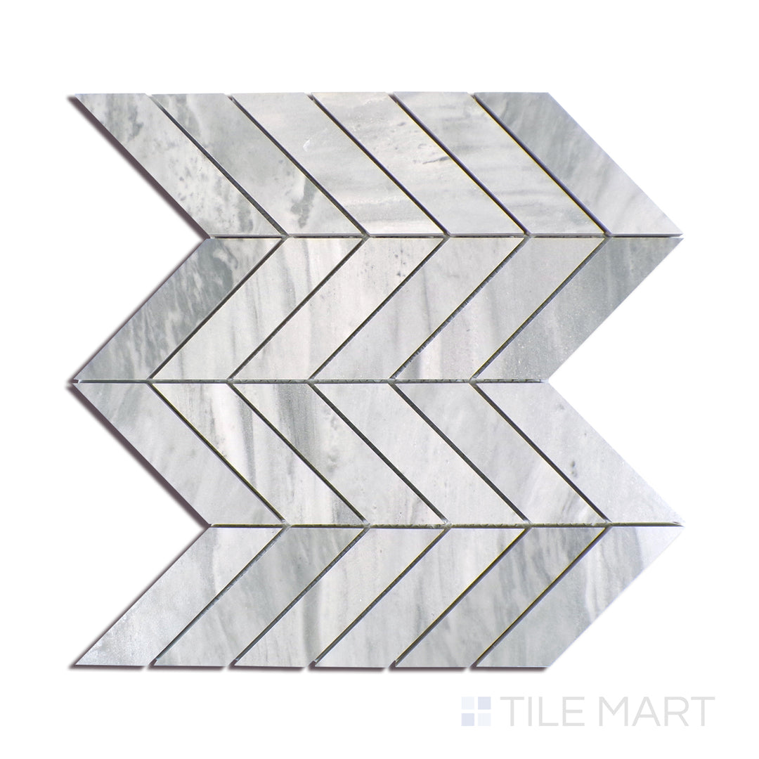 Angled shot of EDEN BARDIGLIO CHEVRON 12X15 MOSAIC PORCELAIN MOSAIC with a MATTE finish, providing a sharp, angled view to emphasize the product's texture and quality.