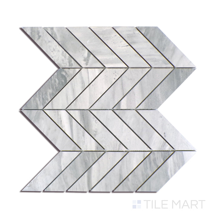 Angled shot of EDEN BARDIGLIO CHEVRON 12X15 MOSAIC PORCELAIN MOSAIC with a MATTE finish, providing a sharp, angled view to emphasize the product's texture and quality.