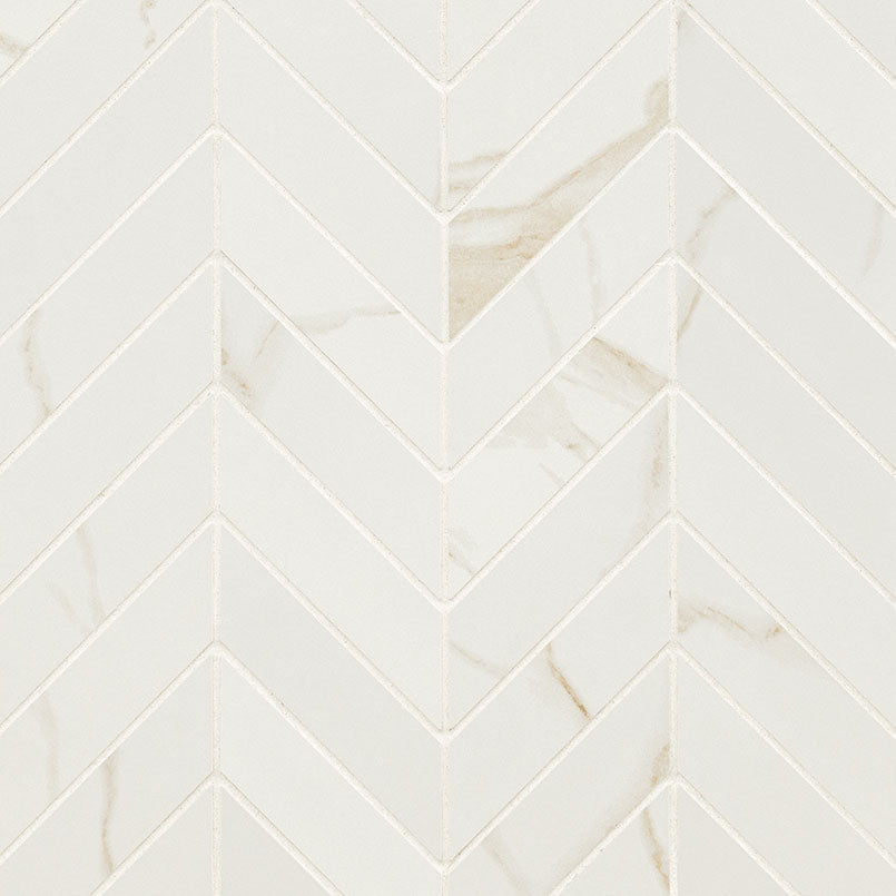 Top-down view of EDEN CALACATTA CHEVRON 12X15 MOSAIC in PORCELAIN MOSAIC with a MATTE finish, presenting the smooth texture and color richness of CALACATTA.