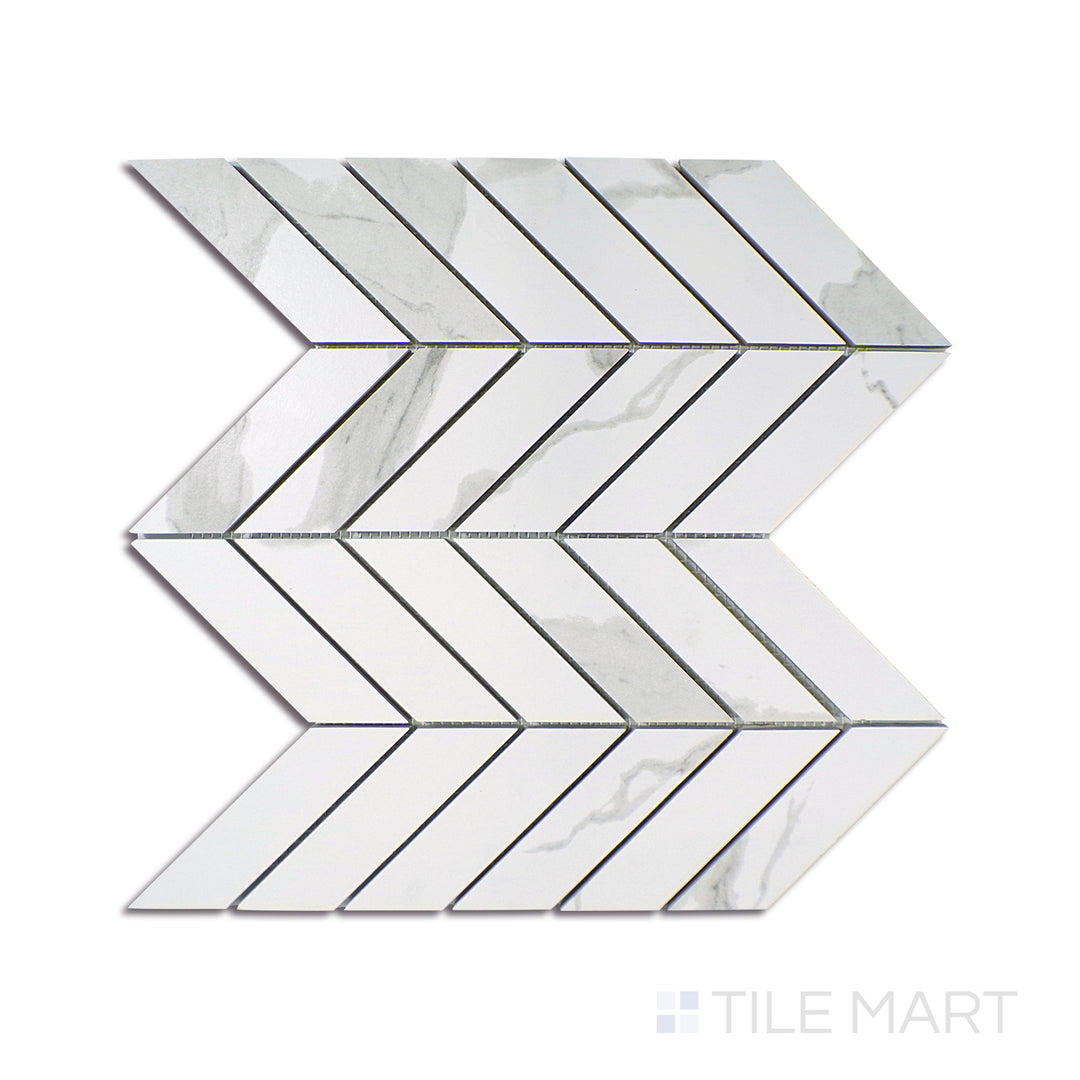 Angled shot of EDEN STATUARY CHEVRON 12X15 MOSAIC PORCELAIN MOSAIC with a MATTE finish, showing the sleek surface and dimensionality from a slanted view.