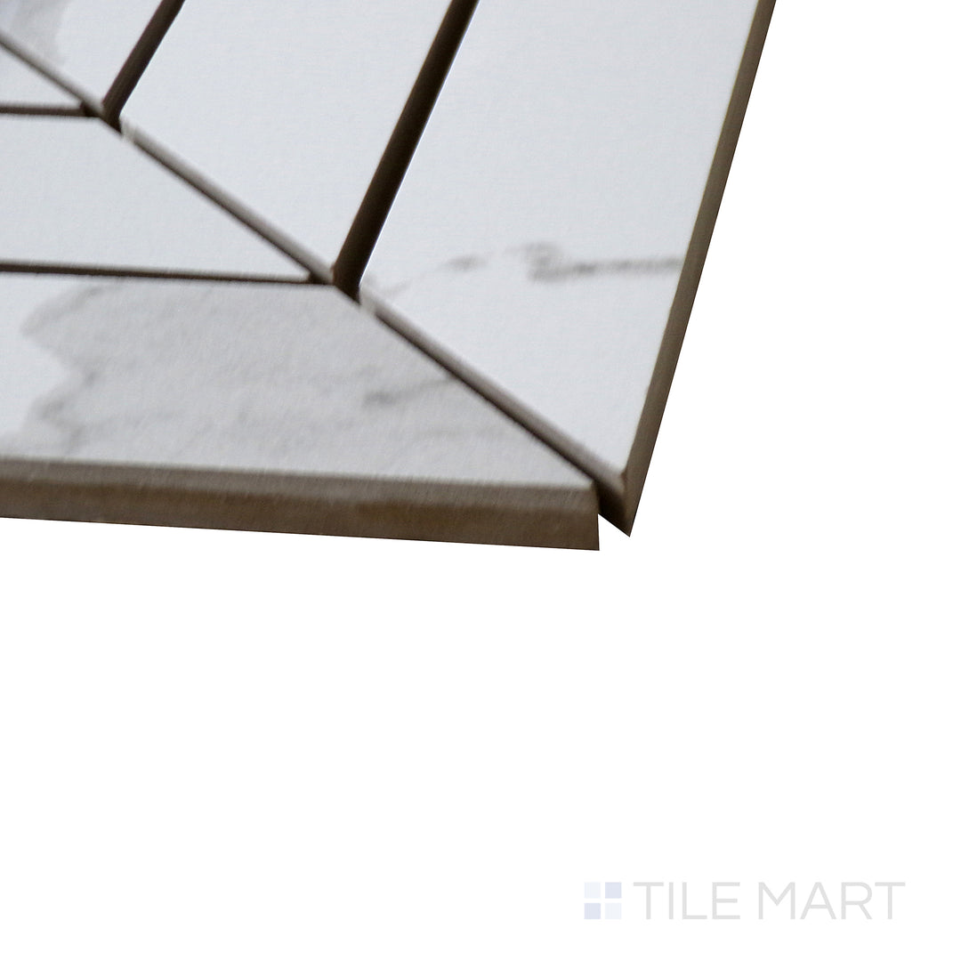 Corner shot of EDEN STATUARY CHEVRON 12X15 MOSAIC PORCELAIN MOSAIC with a MATTE finish, offering a close-up look at the product's durability and material thickness at the corner.