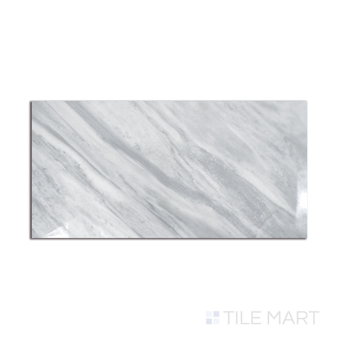 Angled shot of EDEN BARDIGLIO 12X24 POLISHED PORCELAIN TILE with a POLISHED finish, displaying the fine craftsmanship and layered design from a different angle.
