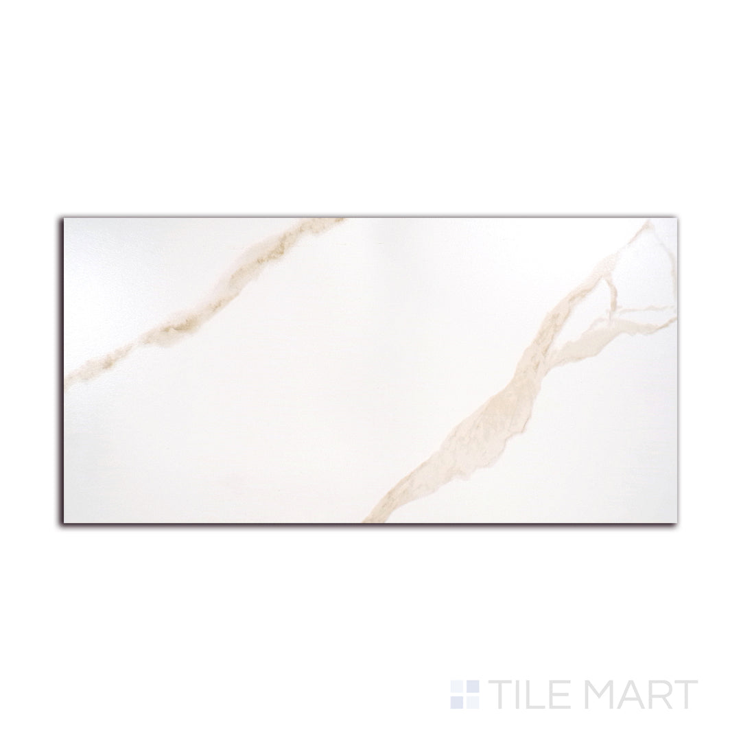 Angled shot of EDEN CALACATTA 12X24 MATTE PORCELAIN TILE with a MATTE finish, providing a sharp, angled view to emphasize the product's texture and quality.