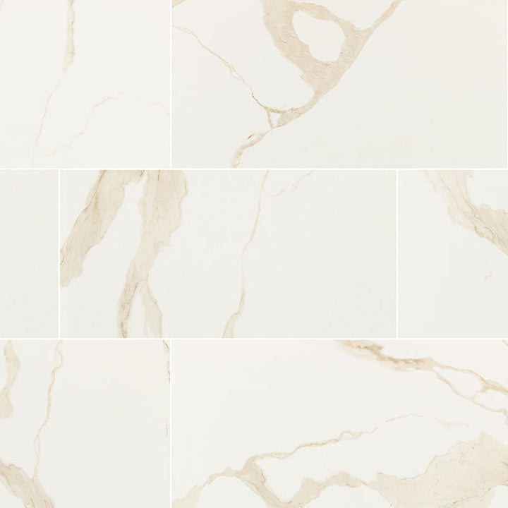 Top-down view of EDEN CALACATTA 12X24 POLISHED in PORCELAIN TILE with a POLISHED finish, presenting the smooth texture and color richness of CALACATTA.
