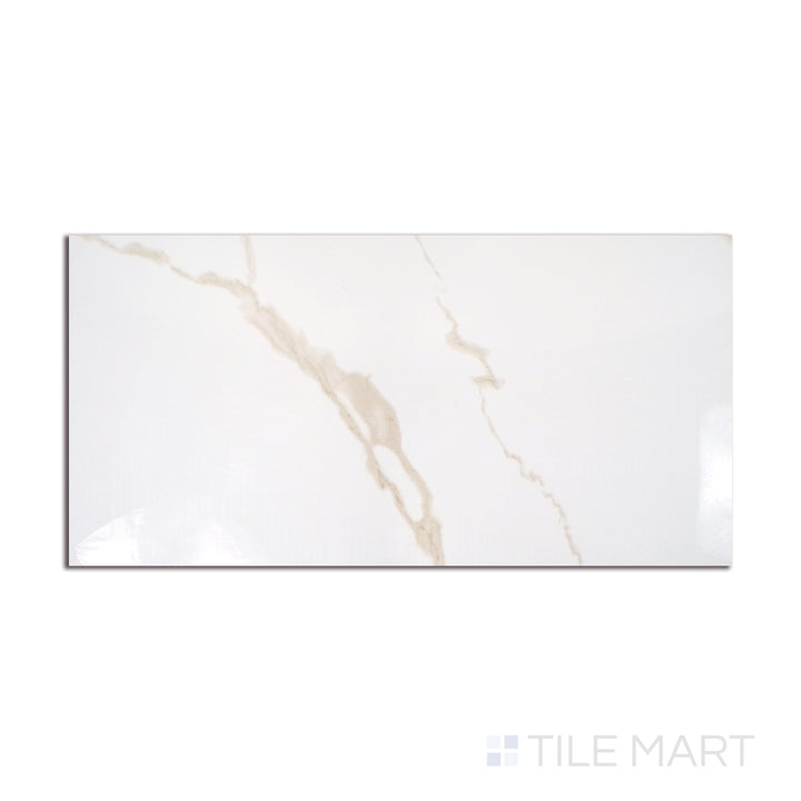Angled shot of EDEN CALACATTA 12X24 POLISHED PORCELAIN TILE with a POLISHED finish, highlighting the intricate details and elegant finish from a unique perspective.