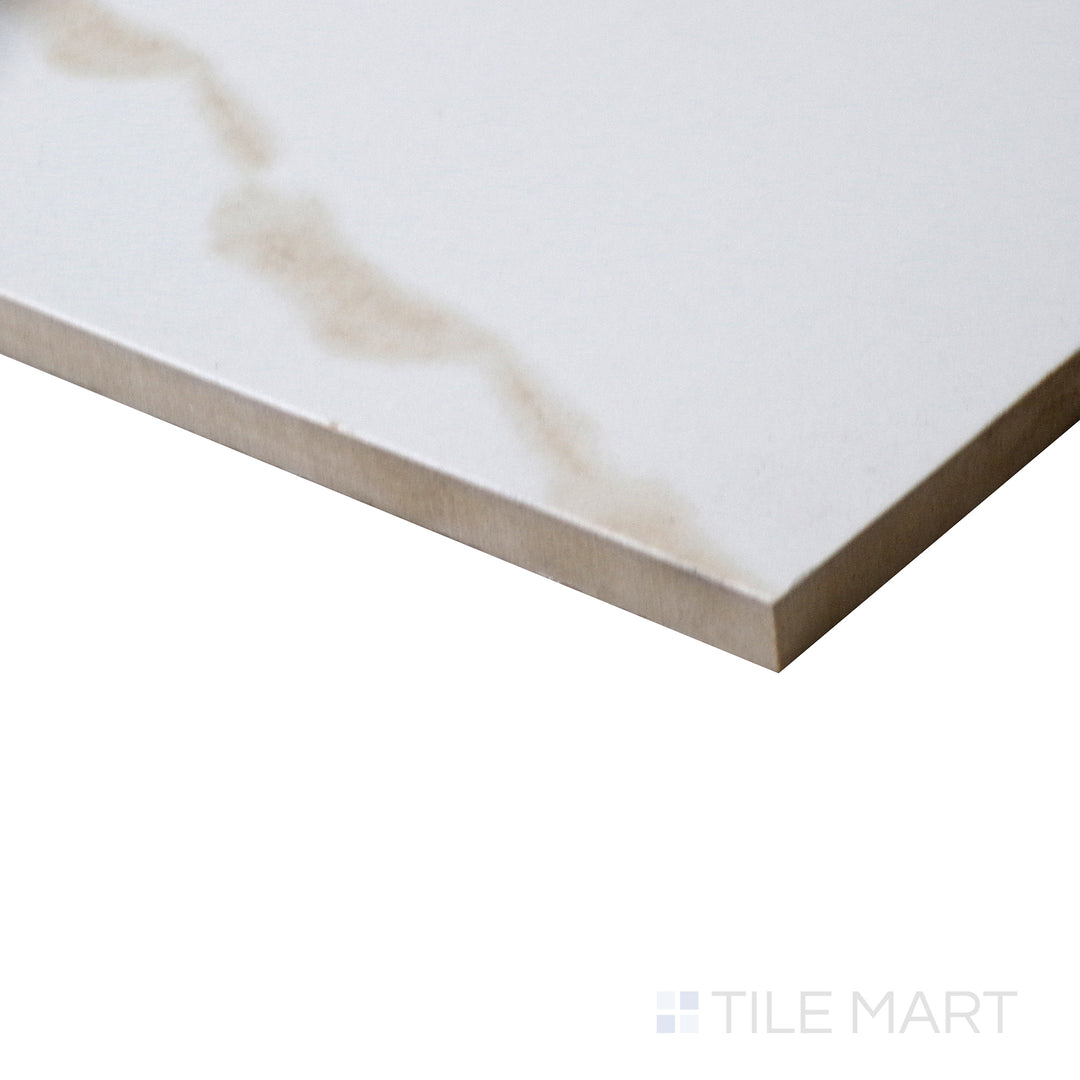 Corner shot of EDEN CALACATTA 12X24 POLISHED PORCELAIN TILE with a POLISHED finish, showing the robust material and finely finished edge through a focused corner view.