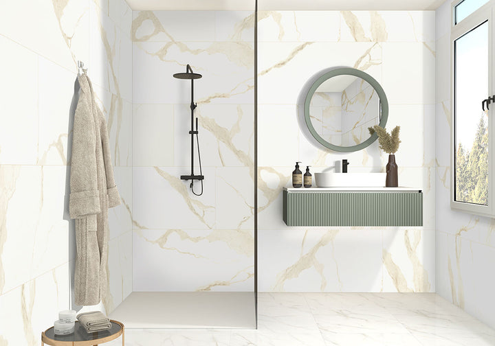 Emphasizing the beauty of EDEN CALACATTA 12X24 POLISHED PORCELAIN TILE with a POLISHED finish, enhancing the minimalist design with its sleek appearance.