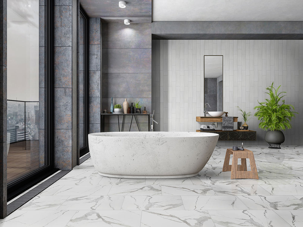 Presenting the stylish aesthetic of EDEN STATUARY 12X24 POLISHED PORCELAIN TILE with a POLISHED finish, adding a touch of warmth and texture to the space.