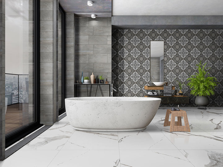 A stunning and polished porcelain tile, Eden Statuary 24X24 Polished Porcelain enhances any space with its bright white finish and elegant gray veining.