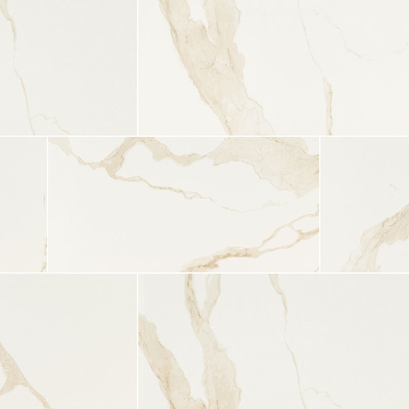 Top-down view of EDEN CALCATTA 24X48 MATTE in PORCELAIN TILE with a MATTE finish, displaying the unique finish and depth of CALACATTA color.