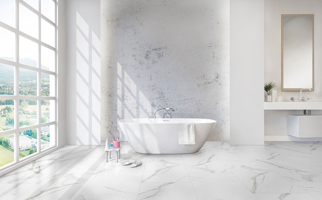 A timeless and elegant porcelain tile, Eden Statuary 24X48 Matte Porcelain mimics the look of classic white marble with subtle gray veining and a smooth matte finish.