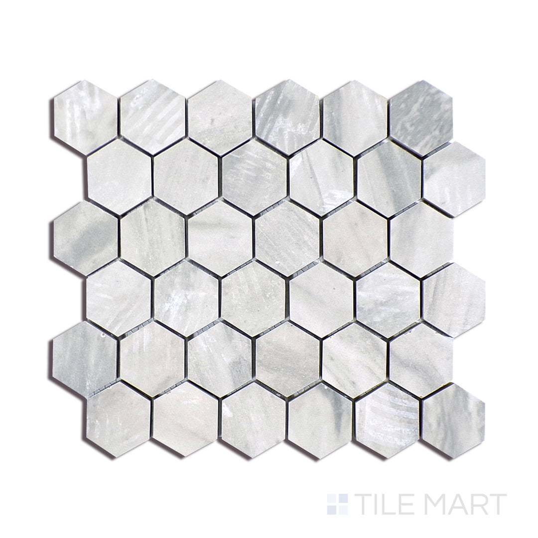Angled shot of EDEN BARDIGLIO 2XX2 HEXAGON MATTE PORCELAIN MOSAIC with a MATTE finish, capturing the rich texture from a distinct angle.
