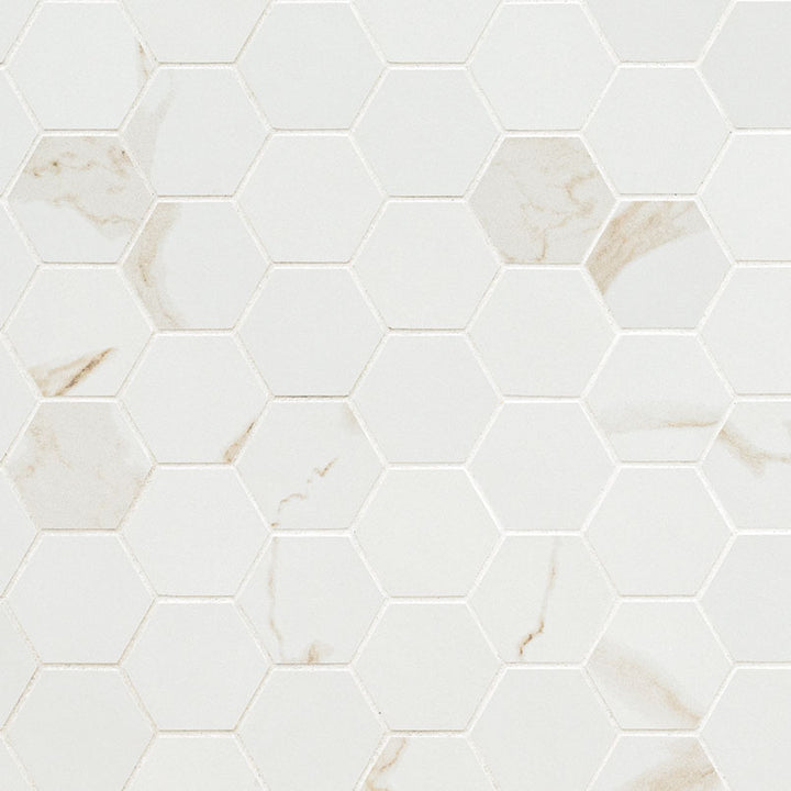 Top-down view of EDEN CALCATTA 2X2 HEXAGON MATTE in PORCELAIN MOSAIC with a MATTE finish, emphasizing its surface details and CALACATTA hues.