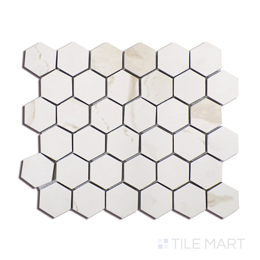 Angled shot of EDEN CALCATTA 2X2 HEXAGON MATTE PORCELAIN MOSAIC with a MATTE finish, offering a detailed look at the material's finish with a tilted viewpoint.