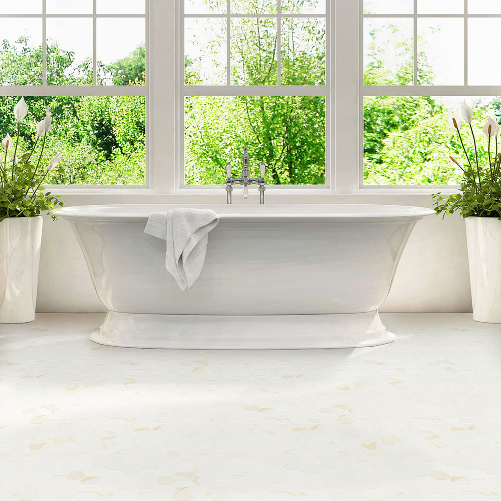 Highlighting the elegance of EDEN CALCATTA 2X2 HEXAGON MATTE PORCELAIN MOSAIC with a MATTE finish, blending effortlessly with the surrounding modern elements.