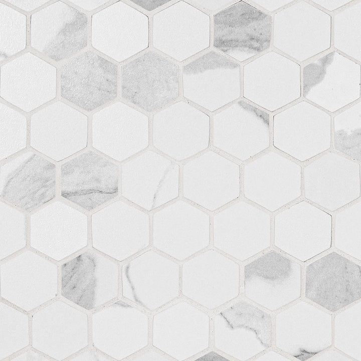 Top-down view of EDEN STATUARY 2X2 HEXAGON MATTE in PORCELAIN MOSAIC with a MATTE finish, featuring the STATUARY shades and surface characteristics.