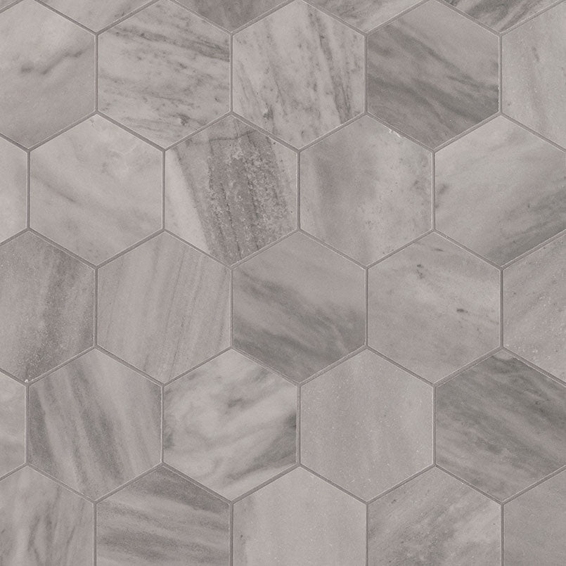 Top-down view of EDEN BARDIGLIO 3X3 HEXAGON MATTE in PORCELAIN MOSAIC with a MATTE finish, presenting the smooth texture and color richness of BARDIGLIO.