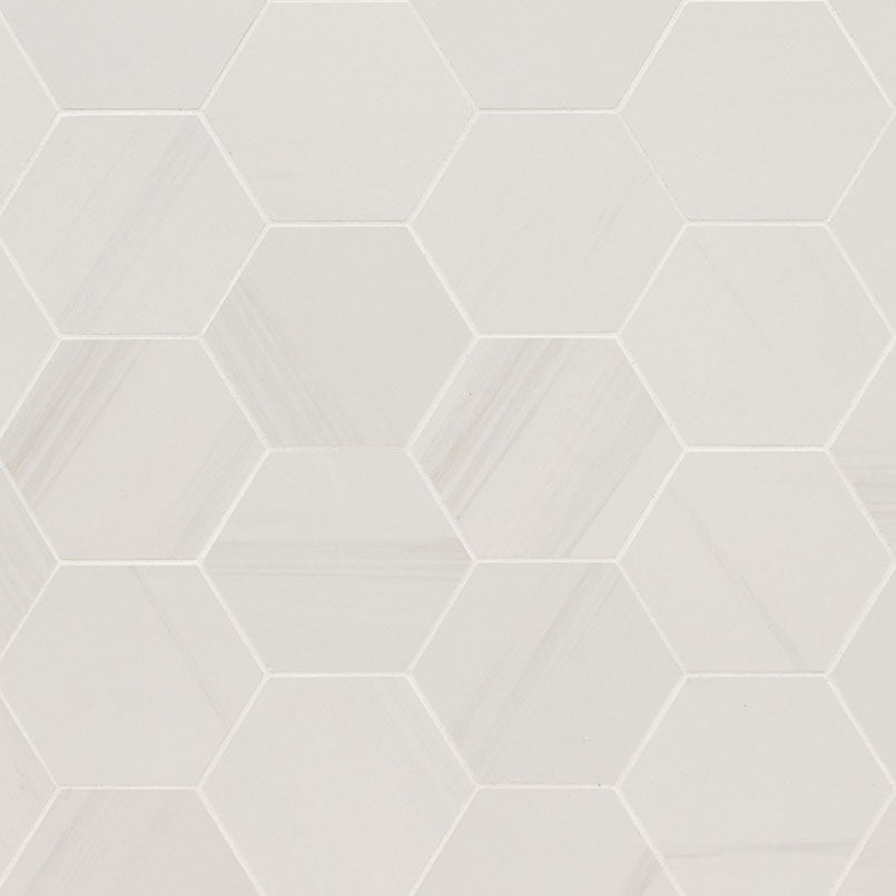 Top-down view of EDEN DOLOMITE 3X3 HEXAGON MATTE in PORCELAIN MOSAIC with a MATTE finish, displaying the unique finish and depth of DOLOMITE color.