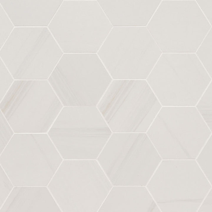 Top-down view of EDEN DOLOMITE 3X3 HEXAGON MATTE in PORCELAIN MOSAIC with a MATTE finish, displaying the unique finish and depth of DOLOMITE color.