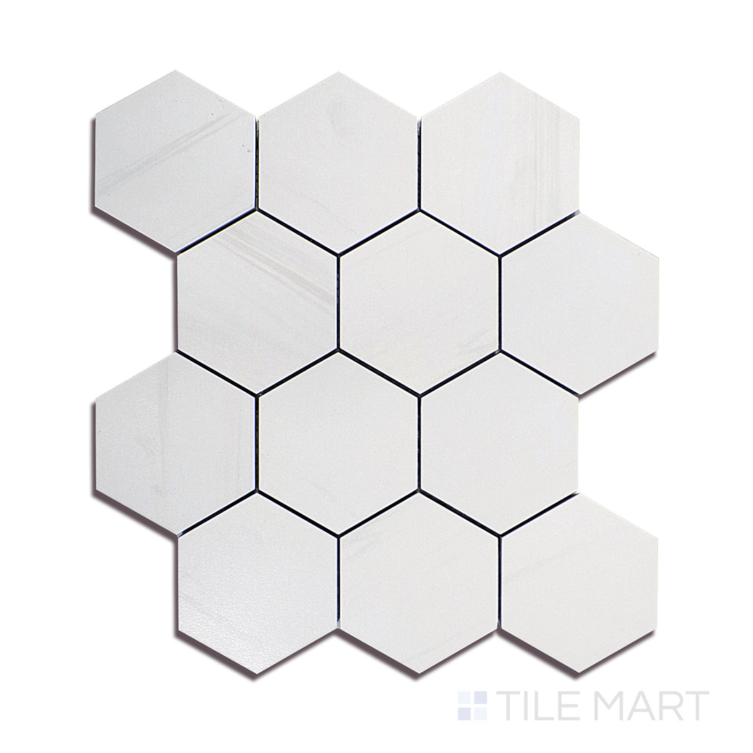 Angled shot of EDEN DOLOMITE 3X3 HEXAGON MATTE PORCELAIN MOSAIC with a MATTE finish, highlighting the intricate details and elegant finish from a unique perspective.