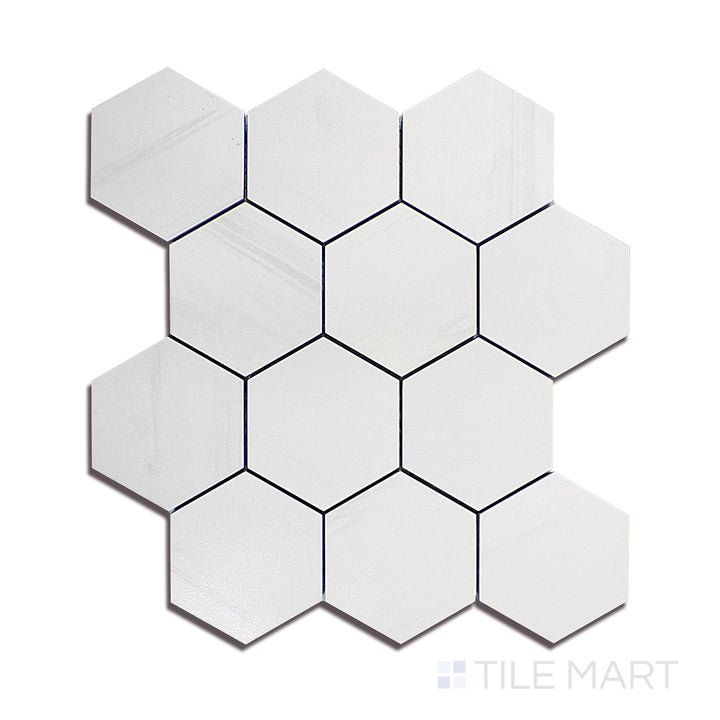 Angled shot of EDEN DOLOMITE 3X3 HEXAGON MATTE PORCELAIN MOSAIC with a MATTE finish, highlighting the intricate details and elegant finish from a unique perspective.