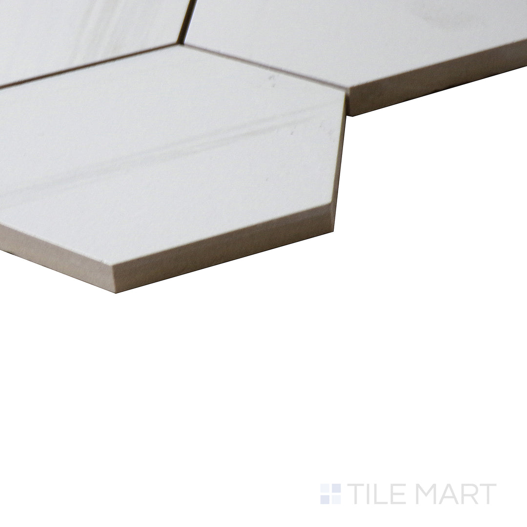 Corner shot of EDEN DOLOMITE 3X3 HEXAGON MATTE PORCELAIN MOSAIC with a MATTE finish, highlighting the precision of the product's edge and the substantial thickness.