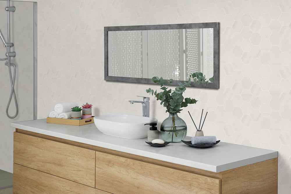 Displaying the refined texture of EDEN DOLOMITE 3X3 HEXAGON MATTE PORCELAIN MOSAIC with a MATTE finish, enhancing the minimalist design with its sleek appearance.