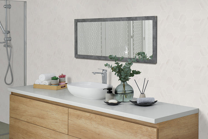 Displaying the refined texture of EDEN DOLOMITE 3X3 HEXAGON MATTE PORCELAIN MOSAIC with a MATTE finish, enhancing the minimalist design with its sleek appearance.