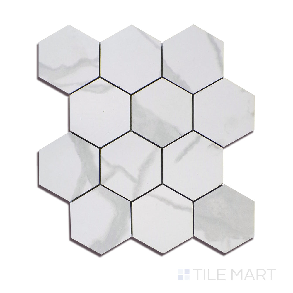 Angled shot of EDEN STATUARY 3X3 HEXAGON MATTE PORCELAIN MOSAIC with a MATTE finish, highlighting the intricate details and elegant finish from a unique perspective.