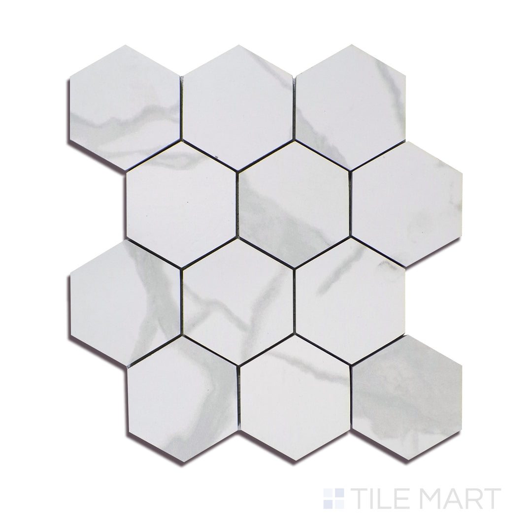 Angled shot of EDEN STATUARY 3X3 HEXAGON MATTE PORCELAIN MOSAIC with a MATTE finish, highlighting the intricate details and elegant finish from a unique perspective.