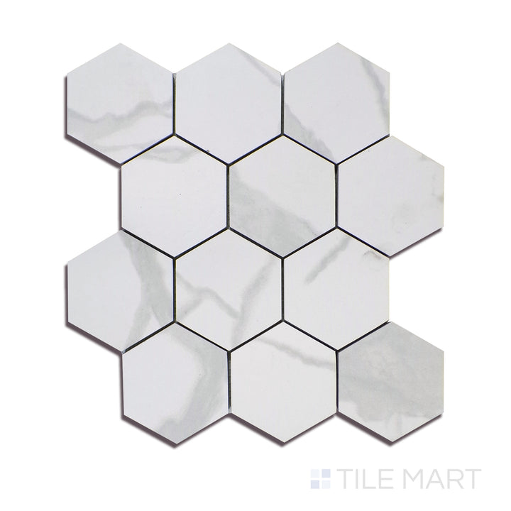 Angled shot of EDEN STATUARY 3X3 HEXAGON MATTE PORCELAIN MOSAIC with a MATTE finish, highlighting the intricate details and elegant finish from a unique perspective.