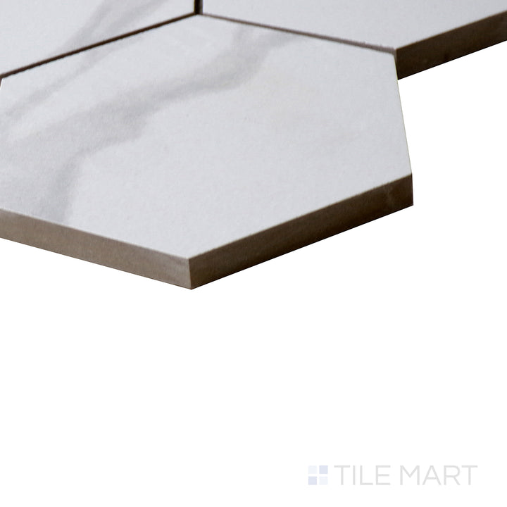 Corner shot of EDEN STATUARY 3X3 HEXAGON MATTE PORCELAIN MOSAIC with a MATTE finish, demonstrating the sturdy material and its subtle layering at the corner.