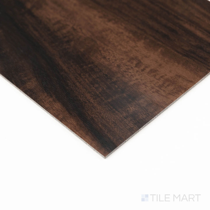 Corner perspective of Glenridge Burnished Acacia 6X48 Low Gloss Luxury Vinyl Plank, highlighting grain patterns and beveled edges.