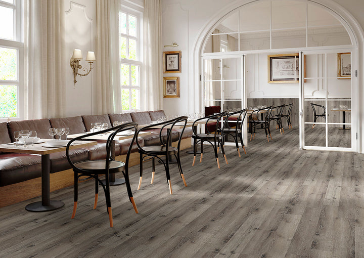 Interior room with Glenridge Charcoal Oak 6X48 Low Gloss Luxury Vinyl Plank flooring.