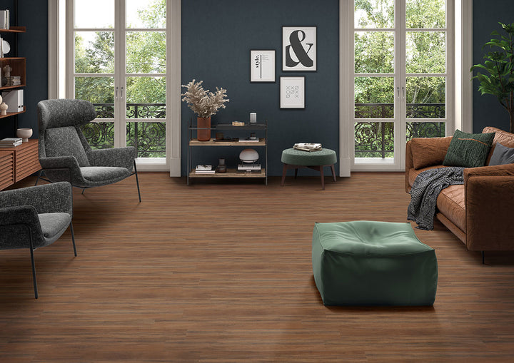 Contemporary room design with Glenridge Jatoba 6X48 Low Gloss Luxury Vinyl Plank flooring.