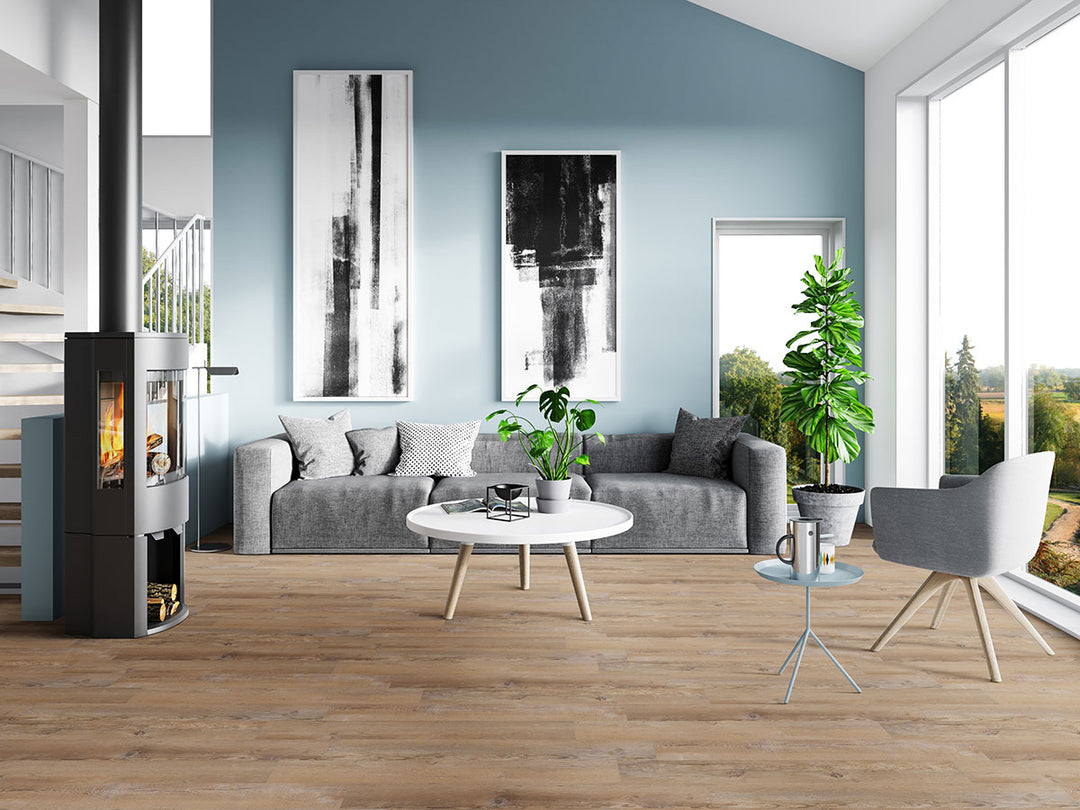 Soft-toned interior using Glenridge Lime Washed Oak 6X48 flooring for a light, serene ambiance.