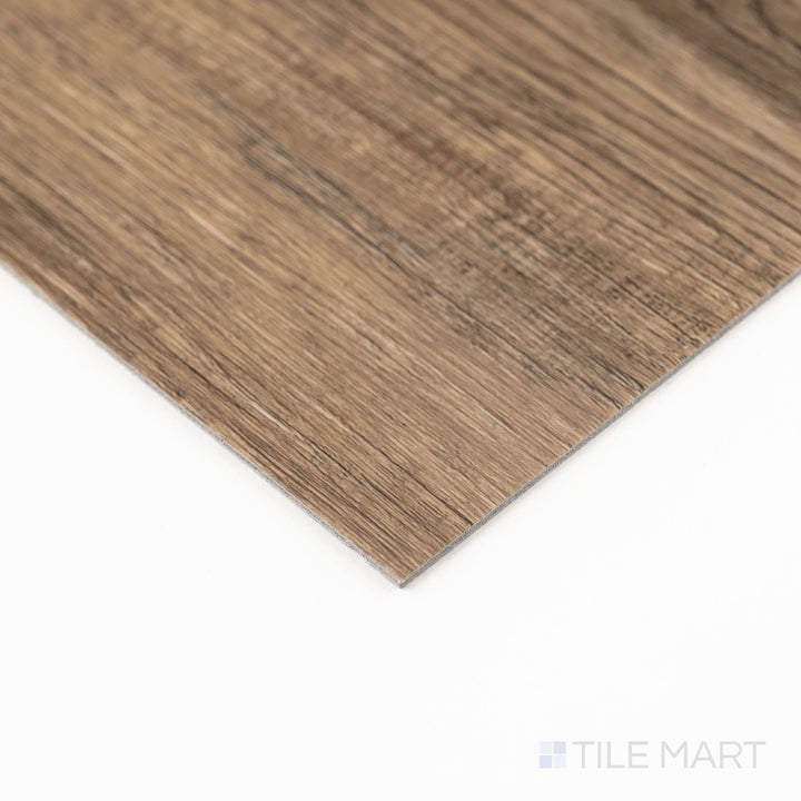 Angled corner view of Glenridge Reclaimed Oak 6X48 Low Gloss Luxury Vinyl Plank, illustrating rustic texture and seam precision.