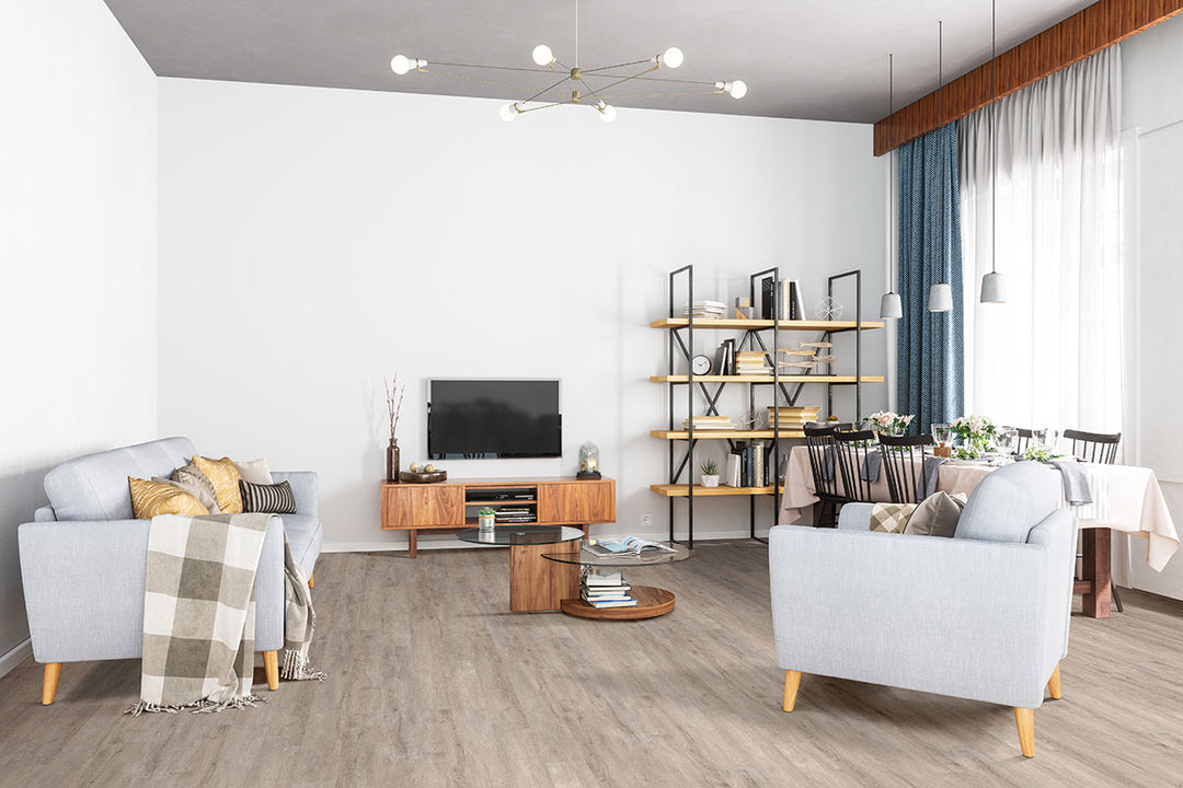 Contemporary space featuring Glenridge Twilight Oak 6x48 low gloss vinyl plank flooring, highlighting smoky gray-brown tones and authentic oak texture for a refined, modern look.