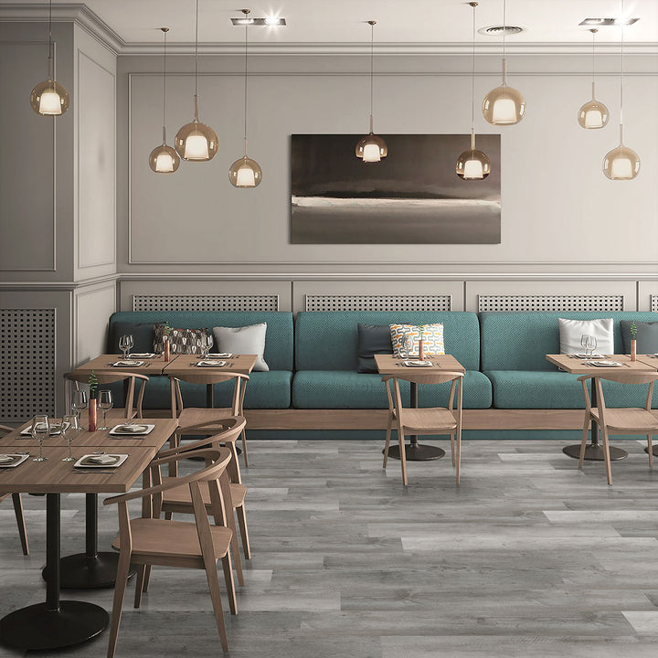 Modern interior finished with Glenridge Woodrift Gray 6X48 Low Gloss Luxury Vinyl Plank flooring.