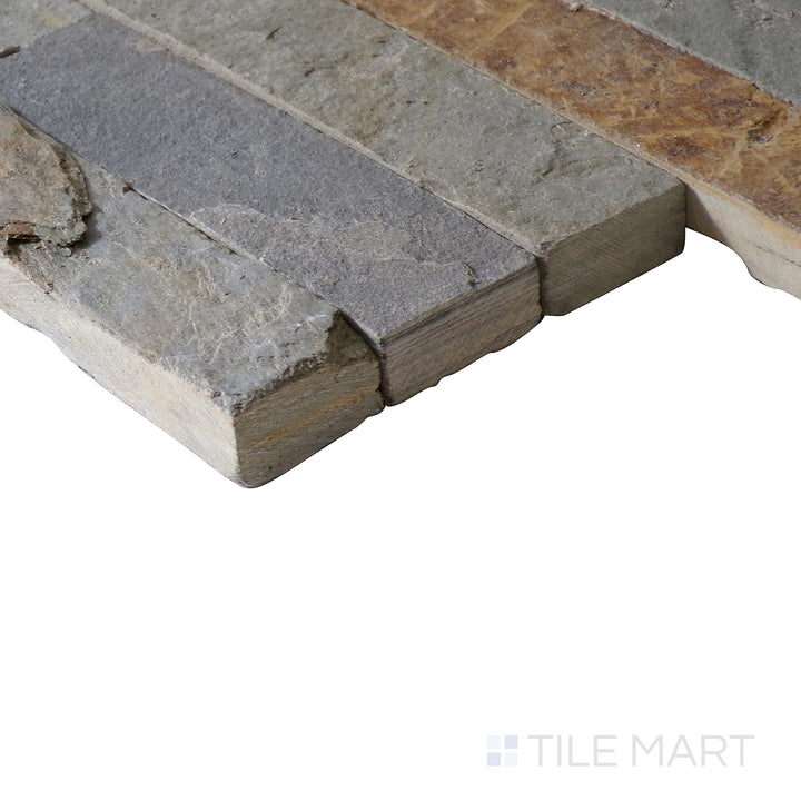 Corner shot of GOLD RUSH 6x24 PANEL  SLATE PANEL with a SPLITFACE finish, capturing the thickness and material depth from an angled corner perspective.