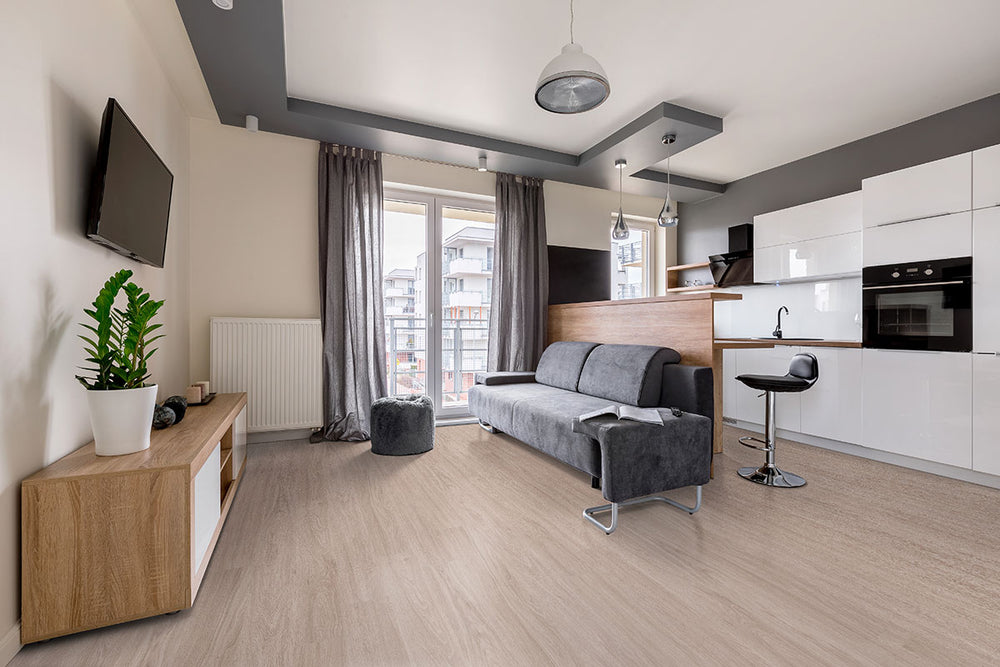 Room interior with Katavia Bleached Elm 6X48 Low Gloss Luxury Vinyl Plank flooring.