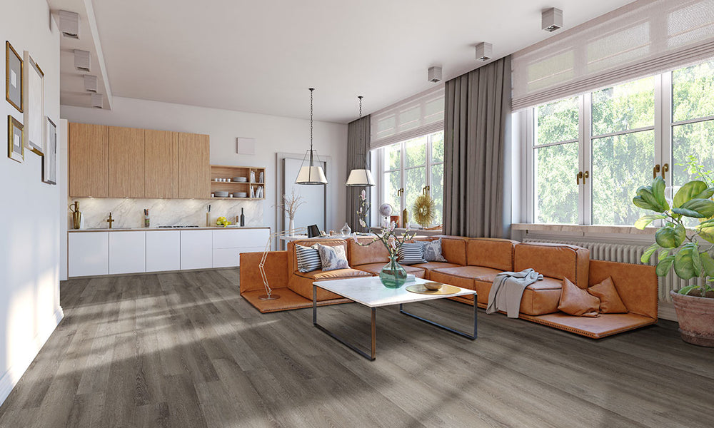 Modern room design using Katavia Charcoal Oak 6X48 Low Gloss Luxury Vinyl Plank flooring.