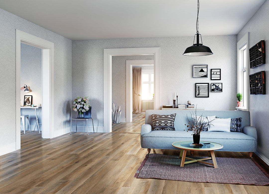 Rustic room setting with Katavia Reclaimed Oak 6x48 low gloss vinyl planks, highlighting distressed wood visuals and warm, earthy tones for a reclaimed wood charm.