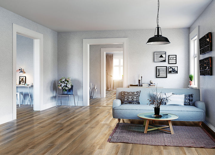 Rustic room setting with Katavia Reclaimed Oak 6x48 low gloss vinyl planks, highlighting distressed wood visuals and warm, earthy tones for a reclaimed wood charm.