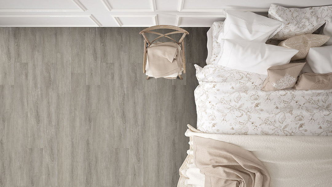 Modern interior styled with Katavia Twilight Oak 6x48 low gloss luxury vinyl plank flooring, featuring cool-toned wood grain and matte finish for a sleek, contemporary look.